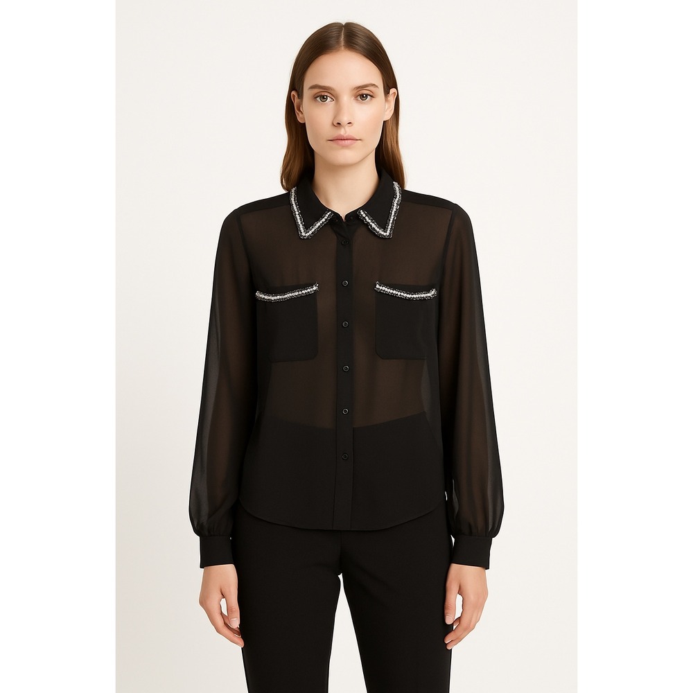 Zara Black Sheer Top Embellished Collar Pocket Button Down Soft Femininity 82-32